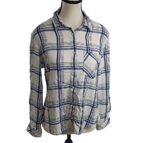 JACHS Girlfriend Button Down Shirt Blue White Plaid Button Back Womens Size L - Picture 1 of 9